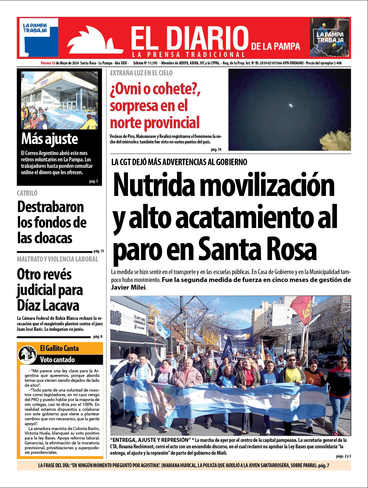 Tapa de El Diario en papel  viernes 10 de mayo de 2024